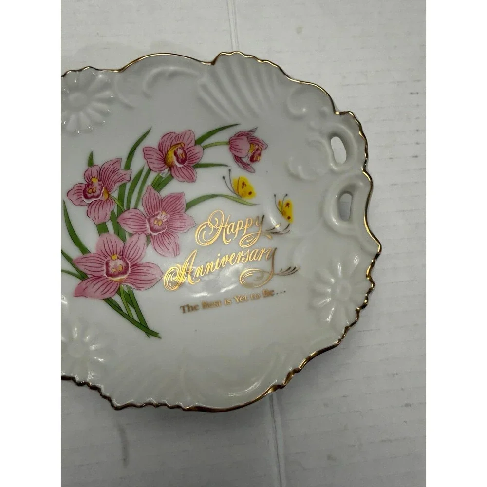 Vintage Plato Decorativo Feliz Aniversario – Flores Rosadas & Bordes Dorados – V